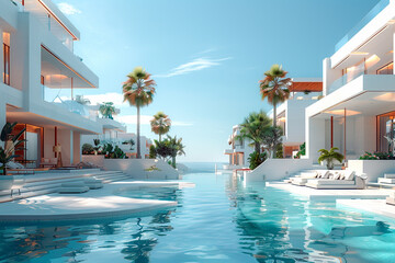 Modern vacation resort with a swimming pool. Sunbeds, relaxing vacation Mediterranean	
