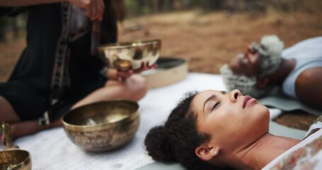 Tibetan, meditation and people with sound of singing bowl for indigenous spiritual healing in holistic practice. Soul, music and relax outdoor to calm vibration of metal instrument in nature with zen