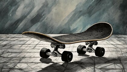 AI-generated illustration of a black skateboard on a textured floor - obrazy, fototapety, plakaty