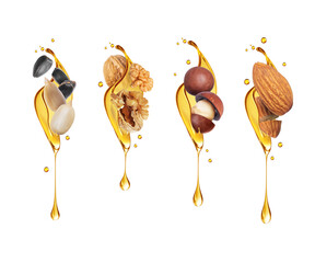 Set of various nuts in oil splash. Group of nuts poured with honey on a white background