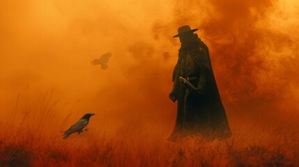 A shadowy figure wearing a long coat and hat stands in a fiery orange landscape, evoking a sense of mystery and danger. The ominous scene is intensified by soaring crows and swirling smoke.
