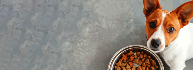 Top view of a cute Jack Russell dog sitting next to a bowl of dry food on a gray isolated banner background.