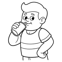 cartoon illustration of a fat boy with a drinks juice. line art kid's coloring page