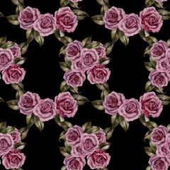 Seamless floral pattern of pink powder roses as watercolor illustration in vintage style for wedding, birthday, valentine's day, mother's day, textile, bedding, packaging, scrapbooking, wrapping, card