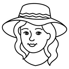 funny cartoon cowboy girl with hat, line art coloring book page for kids vector art illustration