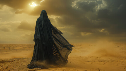 Amidst the shifting sands of an enigmatic desert, a lone figure cloaked in veils stands, her presence shrouded in mystery