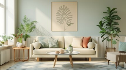 Living room interior with comfortable couches and table, pastel colors