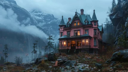Fototapeten Mysterious pink Victorian house in foggy mountainous landscape, evokes a dramatic eerie atmosphere © Yusif