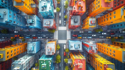 Colorful aerial view of a bustling city intersection with diverse architecture - obrazy, fototapety, plakaty