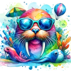 Fotobehang Whimsical Cartoon Walrus: Abstract Watercolor Painting with Colorful Details and Sunglasses, Ideal for T-shirt Prints or High-Quality Wall Art. © MrArsalan`s Art