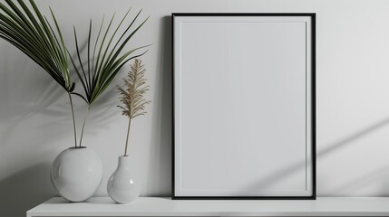 Empty frame with vase on white wall background. Living room poster mockup on the table.