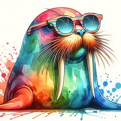 Whimsical Cartoon Walrus: Abstract Watercolor Painting with Colorful Details and Sunglasses, Ideal for T-shirt Prints or High-Quality Wall Art.