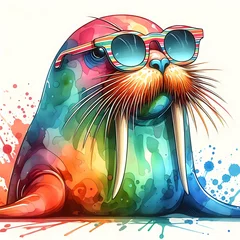 Fotobehang Whimsical Cartoon Walrus: Abstract Watercolor Painting with Colorful Details and Sunglasses, Ideal for T-shirt Prints or High-Quality Wall Art. © MrArsalan`s Art