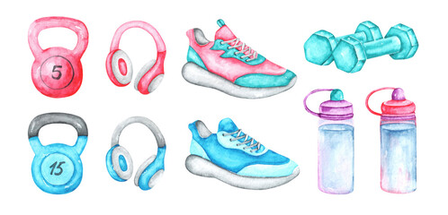 Sport watercolor illustration set. Fitness. Gym. Kettlebell, sneakers, dumbbells, sports bottle, headphones. Bright colors. Illustrations isolated. For printing on stickers, cards, posters