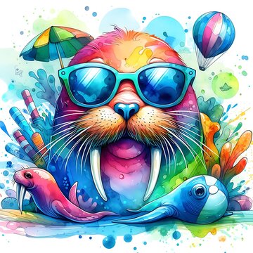 Whimsical Cartoon Walrus: Abstract Watercolor Painting with Colorful Details and Sunglasses, Ideal for T-shirt Prints or High-Quality Wall Art.