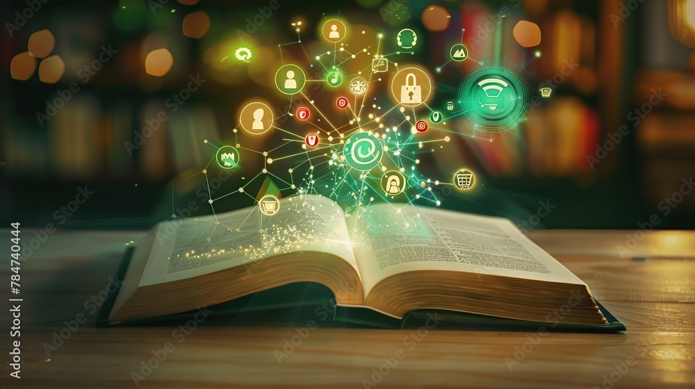 Poster Open Book with Colorful Checkout Icons. Open education e learning book with icons on the desk.