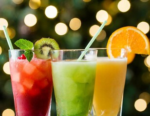 three fruit cocktails against a bokeh backdrop