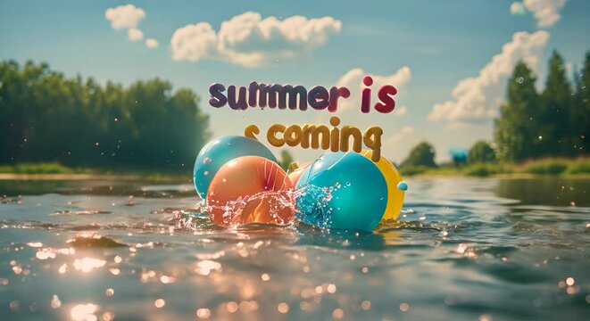 Inscription from balloons in the water with the name "summer is coming". Best summer in 2024.
