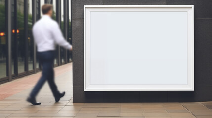 branding logo white blank billboard, modern business offices, business man passing by, billboard with copy space 