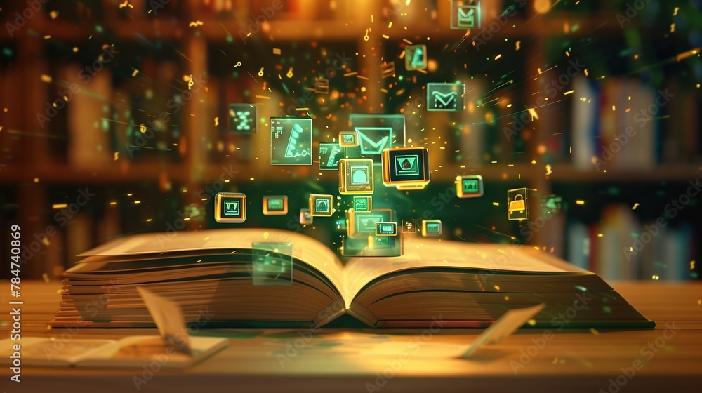 Poster open books on a wooden table in library background.