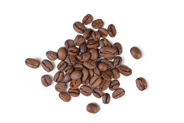 Pile of aromatic roasted arabica coffee beans close up, macro isolated on white, transparent...