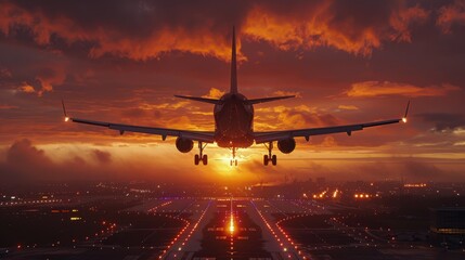 Airplane Flying Over Clouds at Sunset - obrazy, fototapety, plakaty