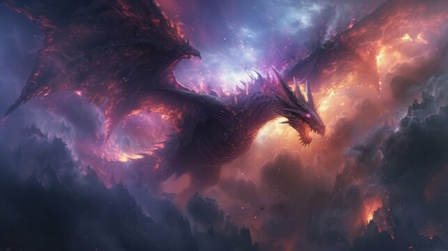 Majestic black dragon unleashing fiery breath under starlit sky, fantasy artwork
