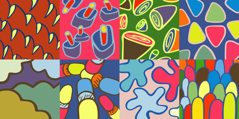 Hand drawn abstract shape, colorful seamless pattern design. Useful for web background, poster art design, magazine front page, hi-tech print, cover artwork, etc.