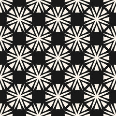 Vector geometric floral ornament. Abstract black and white seamless pattern with simple flowers in modular grid. Stylish monochrome background texture. Repeated design for print, fabric, cloth, cover