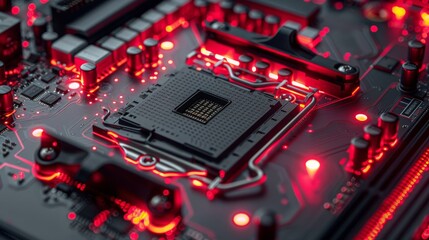 Fototapeta premium Close Up of Computer Motherboard With Red Lights