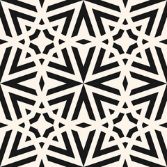 Vector geometric graphic texture. Stylish black and white seamless pattern with lines, stars, arrows, grid, lattice, tiles. Simple abstract monochrome ornament background. Repeated modern geo design - 784741268