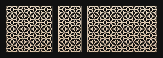 Decorative stencils for laser cut. Vector panels with abstract geometric pattern, mesh, lattice, floral grid, stars. Arabian style ornaments. Template for cnc cutting. Aspect ratio 1:1, 1:2, 3:2 - 784741293