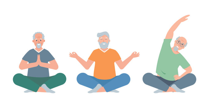 Set of elderly men doing exercises. Senior male characters in yoga position. Sport active healthy lifestyle concept. Vector cartoon or flat illustration isolated on white background.