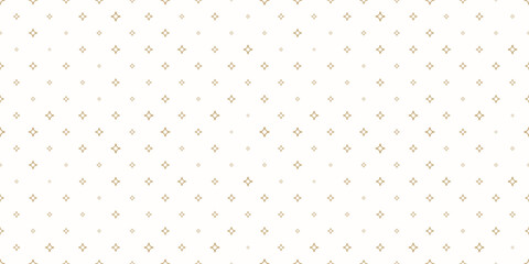 Golden vector seamless pattern with small diamonds, stars, tiny sparkles. Abstract gold and white geometric texture. Simple minimal wide repeat background. Luxury design for decor, wallpaper, print - obrazy, fototapety, plakaty