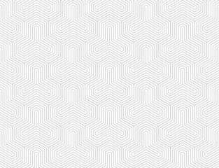 Modern minimalist vector geometric seamless pattern with thin lines, hexagons, quirky stripes. Subtle gray and white abstract background. Simple trendy linear texture. Repeatable minimal geo design