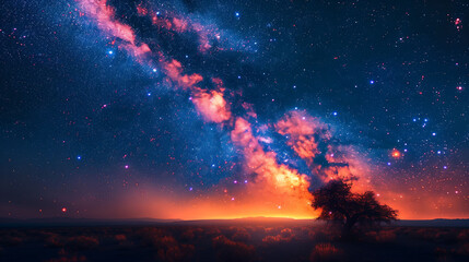 Fototapeta na wymiar Cosmic Canopy: Starry Sky Above the Lone Tree