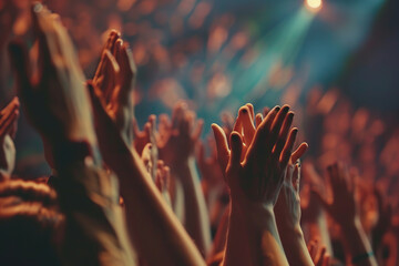 Crowd of people raised up hands and clapping at a music concert
