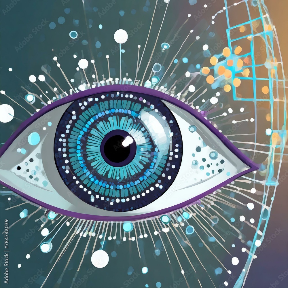 Poster an eye with technological dots in the iris and an eye chart in front