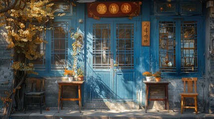 Autumn aura in a quaint Chinese street with blue vintage windows and warm tones - obrazy, fototapety, plakaty