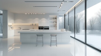 luxury interior design of modern trendy snow white kitchen in minimalist style with island and two...