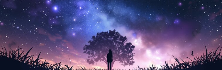 Fototapeta na wymiar Silhouette person standing under tree starry twilight night sky stars galaxy
