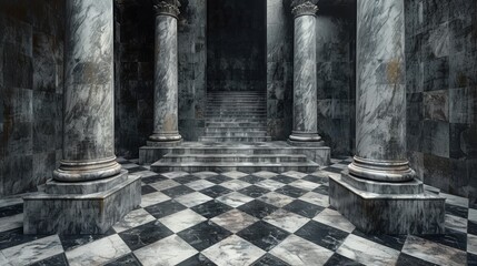 Stunning view of old checkered floor with weathered columns and a mysterious door