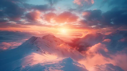 Gartenposter Breathtaking sunset over snowy mountains in a cinematic landscape © Yusif