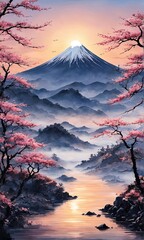 Japanese landscape adorned with delicate cherry blossoms, capturing essence of spring in Japan. For art, creative projects, fashion, style, blogs, social media, web design, print, magazine, banner.