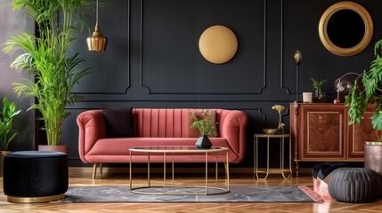 Luxury interior with stylish velvet sofa, wooden commode, pouf, plants, carpet, gold decoration, copy space and elegant personal accessories. Modern living room in classic house. Template