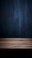 Abstract background with a dark indigo wall and wooden table top for product presentation, wood floor, minimal concept, low key studio shot, high resolution photography 