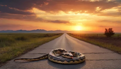 Fotobehang A snake crawls along the road against the background of the sunset © Jackie