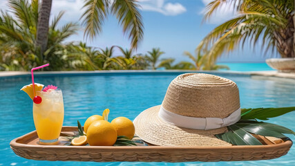 A tray with tropical cocktails and a straw hat floats in the pool