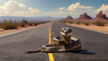 A snake crawls along the road against the background of the desert
