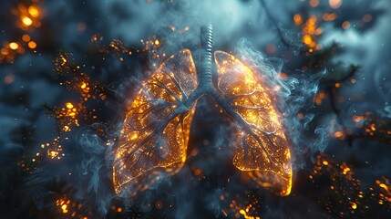 Dramatic depiction of human lungs with glowing particles on dark background
